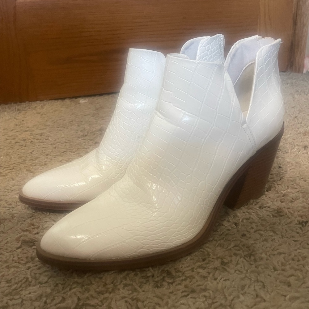 White Croc-Embossed Ankle Boots